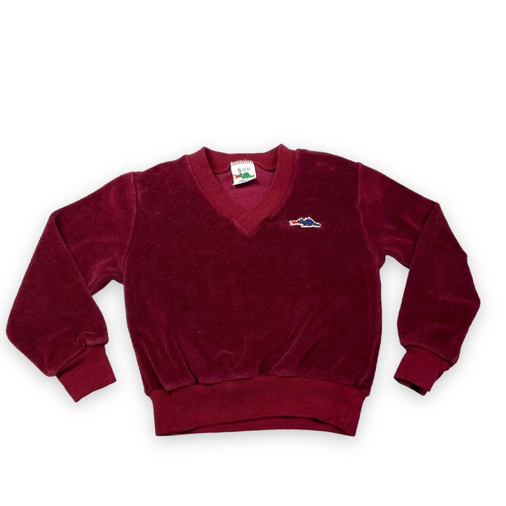 Vintage 80s Sears Toddler 2 3 2T Velour V Neck Sweater Sweatshirt Dragon Maroon